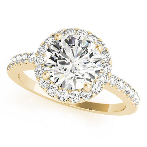 Yellow gold Round Halo Diamond Engagement Ring with Pavé Band and Four-Prong Setting