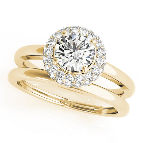 Yellow gold Round Halo Diamond Engagement Ring with Solitaire Band and Four-Prong Setting
