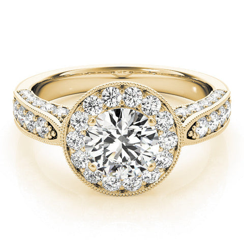 Yellow gold Round Halo Diamond Engagement Ring with Split Shank Band and Four-Prong Setting