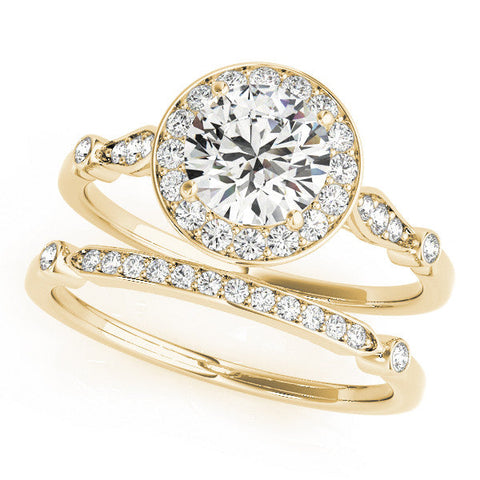 Yellow gold Round Halo Diamond Engagement Ring with Twisted Band and Four-Prong Setting