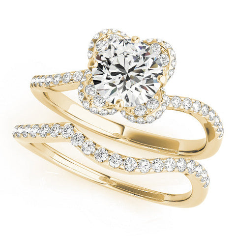 Yellow gold Round Halo Diamond Engagement Ring with Twisted Pave Band and Four-Prong Setting