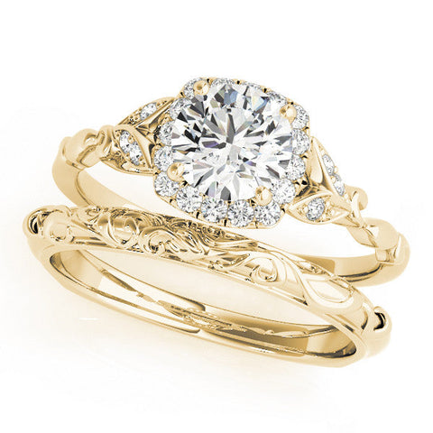 Yellow gold Round Halo Diamond Engagement Ring with Vintage-Inspired Band and Four-Prong Setting