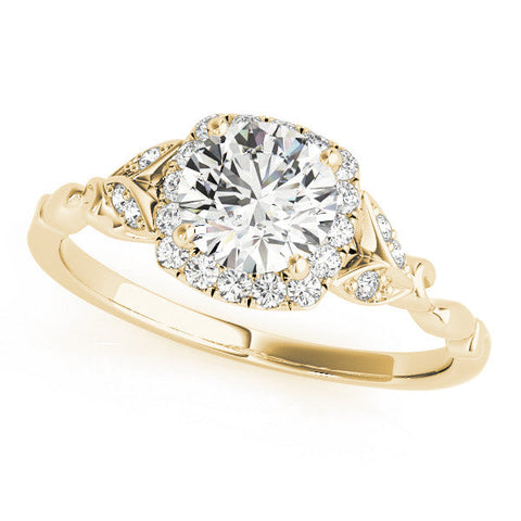 Yellow gold Round Halo Diamond Engagement Ring with Vintage-Inspired Band and Four-Prong Setting