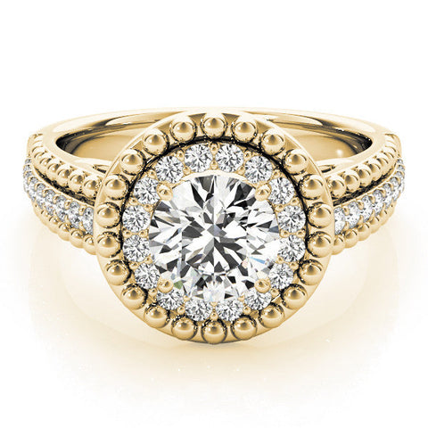Yellow gold Round Halo Diamond Ring with Beaded Split Shank and Four-Prong Setting