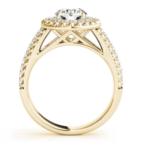Yellow gold Round Halo Diamond Ring with Beaded Split Shank and Four-Prong Setting