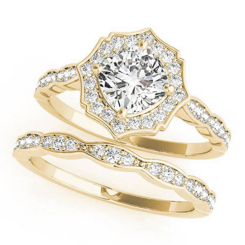 Yellow gold Round Halo Diamond Ring with Milgrain Band and Four-Prong Setting