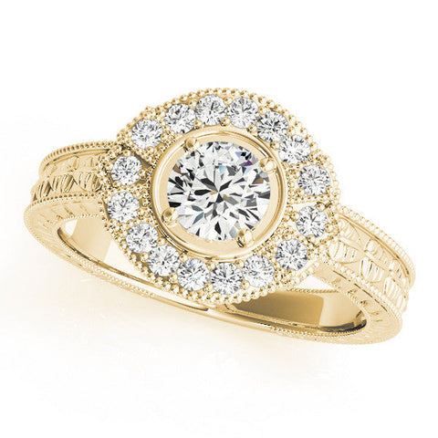 Yellow gold Round Halo Diamond Ring with Milgrain Bezel and Prong Setting