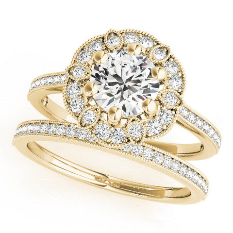 Yellow gold Round Halo Diamond Ring with Milgrain Pave Band and Prong Setting