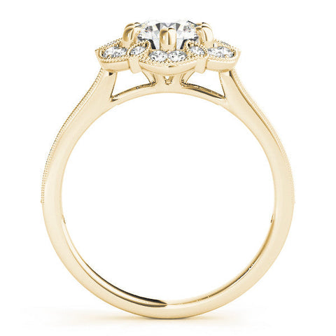 Yellow gold Round Halo Diamond Ring with Milgrain Pave Band and Prong Setting