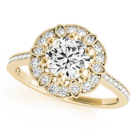 Yellow gold Round Halo Diamond Ring with Milgrain Pave Band and Prong Setting