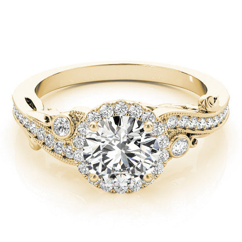 Yellow gold Round Halo Diamond Ring with Milgrain and Bezel Accents on a Split Shank Band