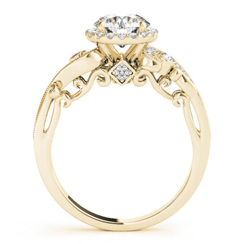 Yellow gold Round Halo Diamond Ring with Milgrain and Bezel Accents on a Split Shank Band