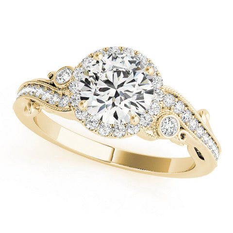 Yellow gold Round Halo Diamond Ring with Milgrain and Bezel Accents on a Split Shank Band