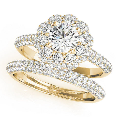 Yellow gold Round Halo Diamond Ring with Pave Band and Four-Prong Setting