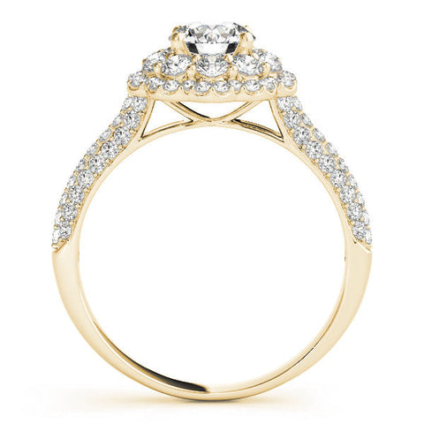 Yellow gold Round Halo Diamond Ring with Pave Band and Four-Prong Setting