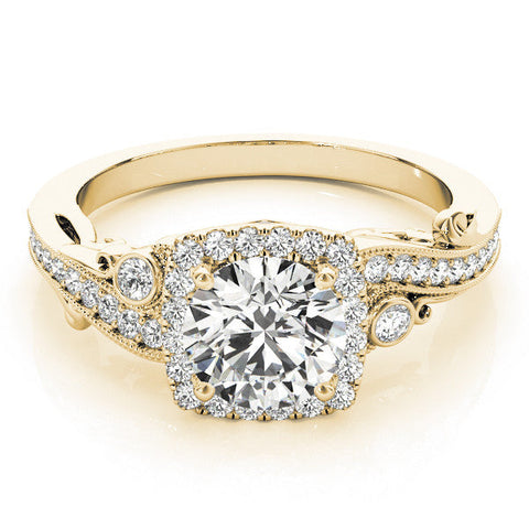 Yellow gold Round Halo Diamond Ring with Twisted Band and Four-Prong Setting