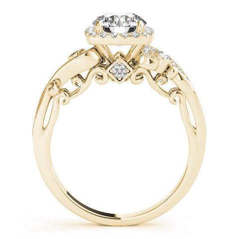 Yellow gold Round Halo Diamond Ring with Twisted Band and Four-Prong Setting