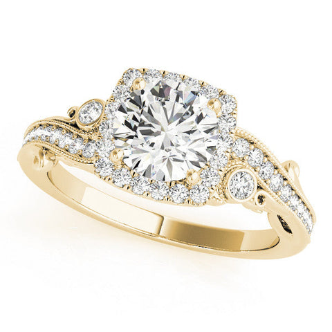 Yellow gold Round Halo Diamond Ring with Twisted Band and Four-Prong Setting