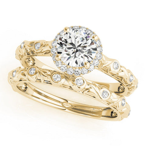 Yellow gold Round Halo Diamond Solitaire with Filigree Band and Four-Prong Setting