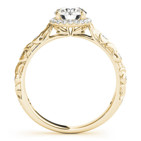 Yellow gold Round Halo Diamond Solitaire with Filigree Band and Four-Prong Setting