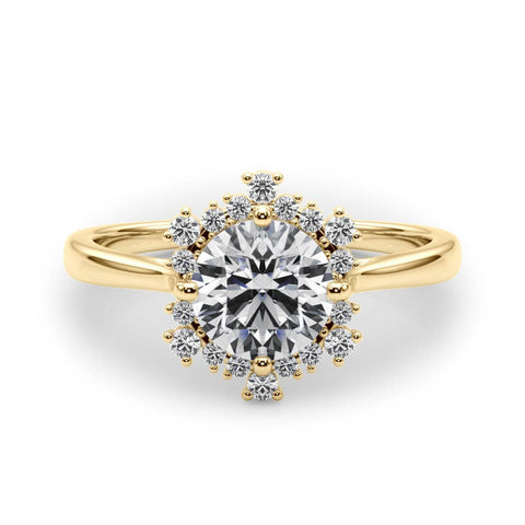 Yellow gold Round Halo Diamond Solitaire with Pavé Band and Four-Prong Setting