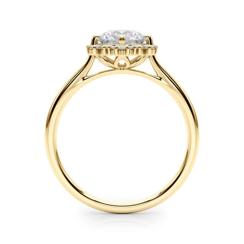 Yellow gold Round Halo Diamond Solitaire with Pavé Band and Four-Prong Setting