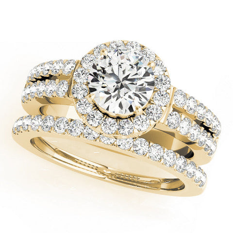 Yellow gold Round Halo Diamond Split Shank Engagement Ring with Prong Setting