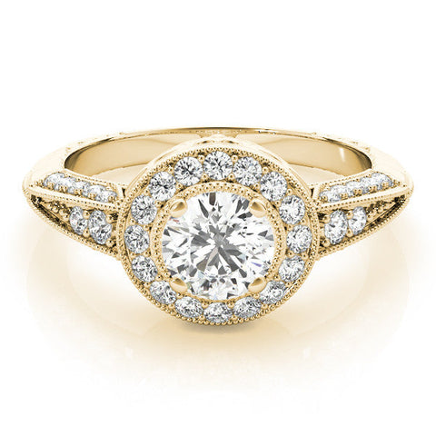 Yellow gold Round Halo Diamond Split Shank Ring with Milgrain Detail