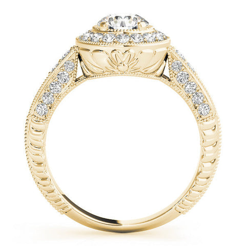Yellow gold Round Halo Diamond Split Shank Ring with Milgrain Detail