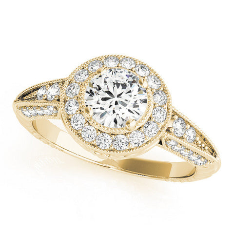 Yellow gold Round Halo Diamond Split Shank Ring with Milgrain Detail