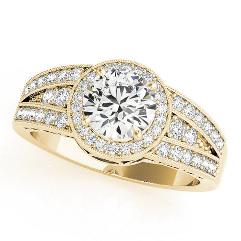 Yellow gold Round Halo Diamond Split Shank Ring with Prong Setting