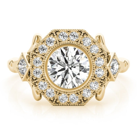 Yellow gold Round Halo Milgrain Diamond Ring with Split Shank and Bezel Setting
