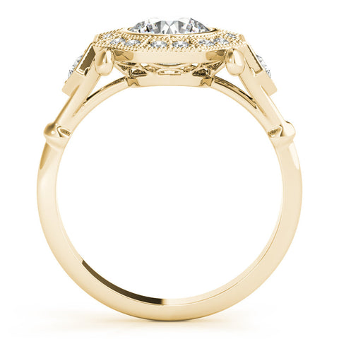 Yellow gold Round Halo Milgrain Diamond Ring with Split Shank and Bezel Setting