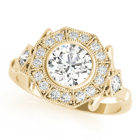 Yellow gold Round Halo Milgrain Diamond Ring with Split Shank and Bezel Setting