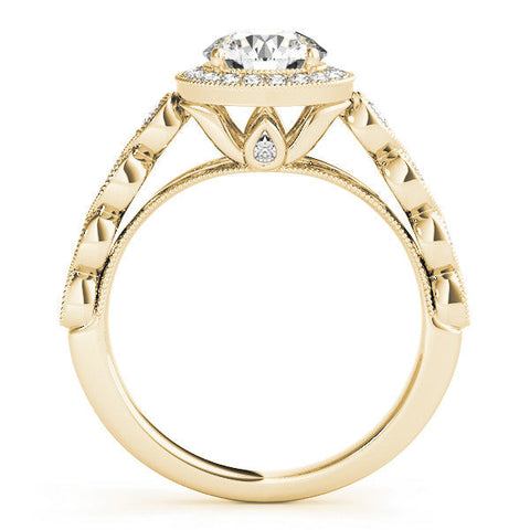 Yellow gold Round Halo Milgrain Solitaire with Bezel Set Side Stones and Pave Band