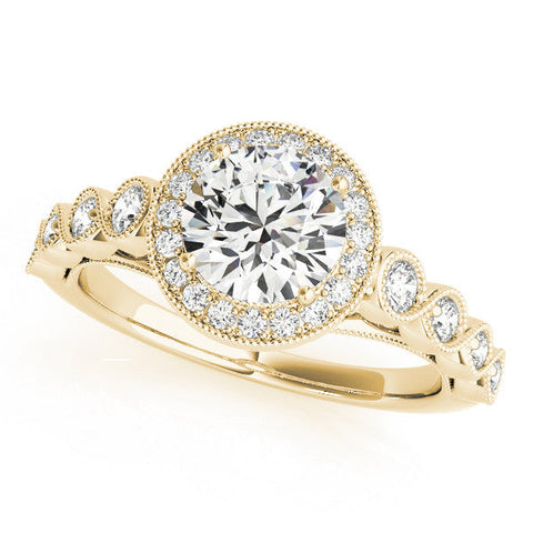 Yellow gold Round Halo Milgrain Solitaire with Bezel Set Side Stones and Pave Band