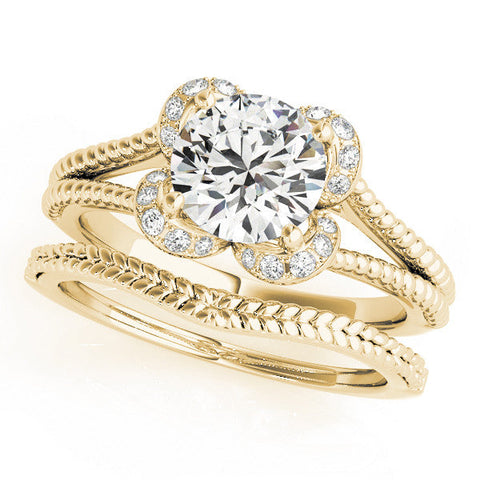 Yellow gold Round Halo Milgrain Solitaire with Split Shank and Four-Prong Setting
