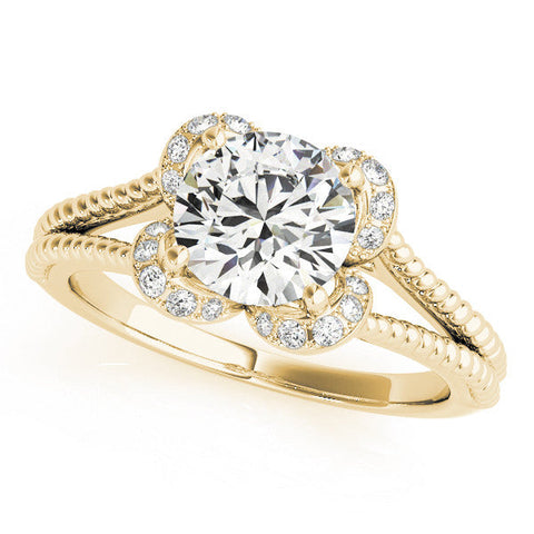 Yellow gold Round Halo Milgrain Solitaire with Split Shank and Four-Prong Setting