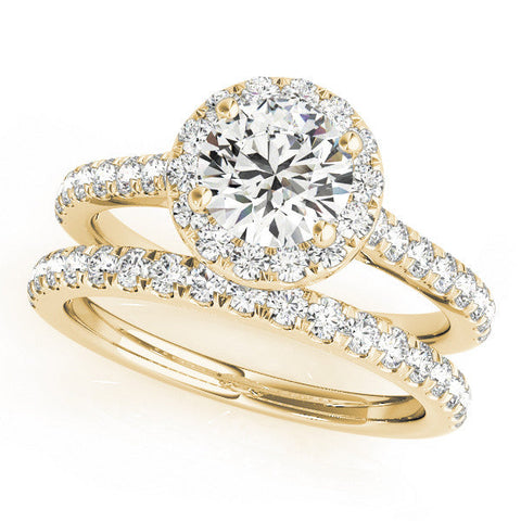 Yellow gold Round Halo Pavé Diamond Engagement Ring with Four-Prong Setting