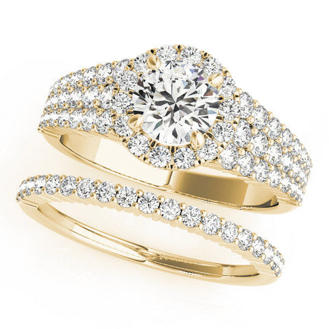 Yellow gold Round Halo Pavé Diamond Engagement Ring with Split Shank and Four-Prong Setting