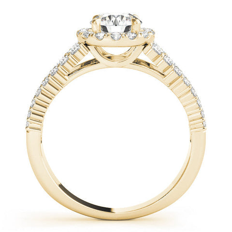 Yellow gold Round Halo Pavé Diamond Engagement Ring with Split Shank and Four-Prong Setting