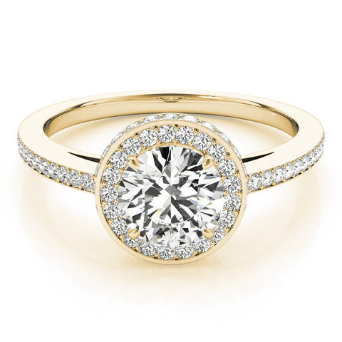 Yellow gold Round Halo Pave Band Solitaire Ring with Prong Setting
