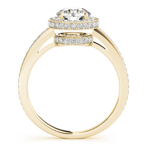 Yellow gold Round Halo Pave Band Solitaire Ring with Prong Setting