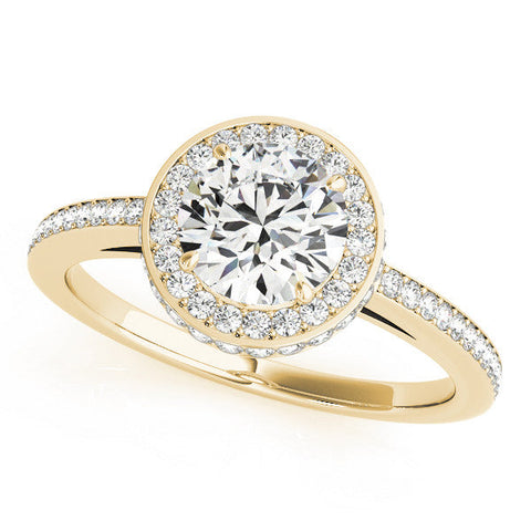Yellow gold Round Halo Pave Band Solitaire Ring with Prong Setting
