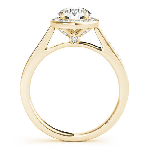 Yellow gold Round Halo Solitaire Diamond Ring with Pave Band and Bezel Setting