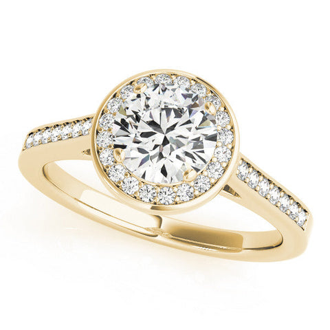 Yellow gold Round Halo Solitaire Diamond Ring with Pave Band and Bezel Setting
