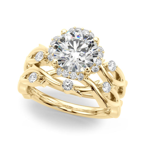 Yellow gold Round Halo Solitaire Diamond Ring with Twisted Band and Four-Prong Setting