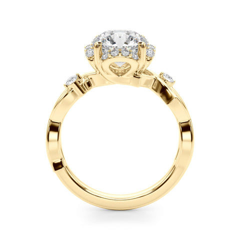 Yellow gold Round Halo Solitaire Diamond Ring with Twisted Band and Four-Prong Setting