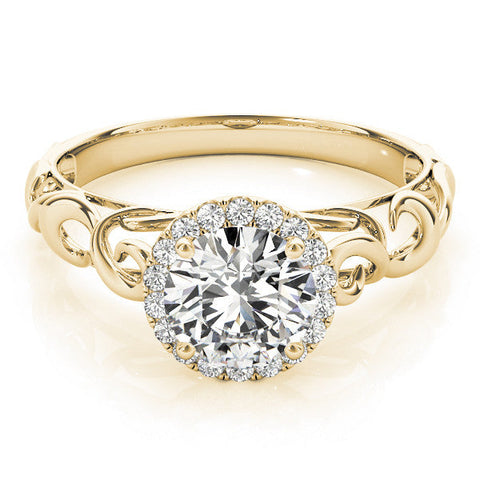 Yellow gold Round Halo Solitaire with Scrollwork Band and Four-Prong Setting