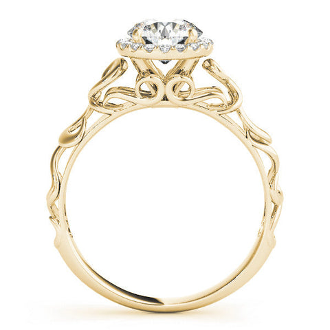 Yellow gold Round Halo Solitaire with Scrollwork Band and Four-Prong Setting